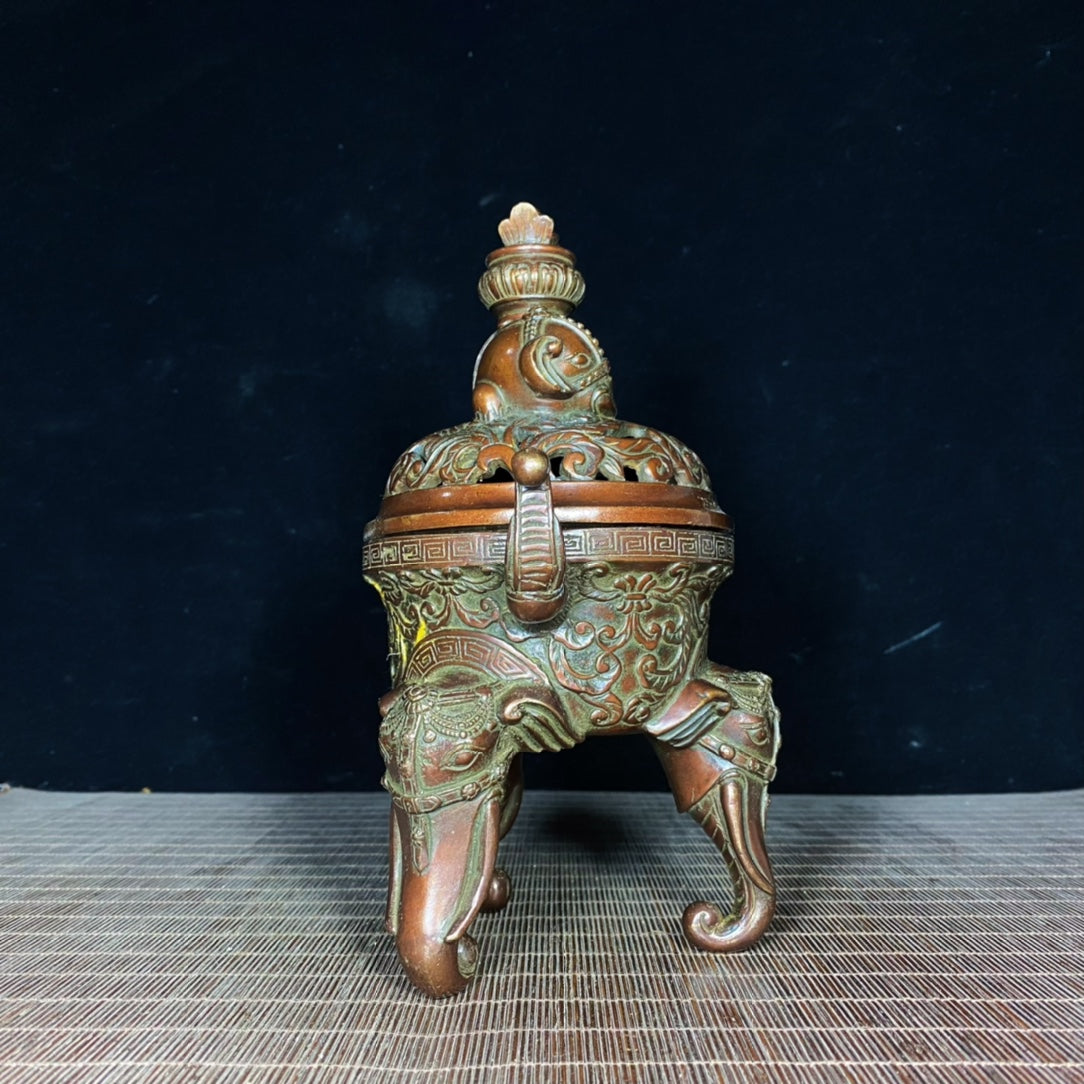 Handcrafted Pure Copper Tibetan Elephant Incense Burner - Unique Vintage Art Piece