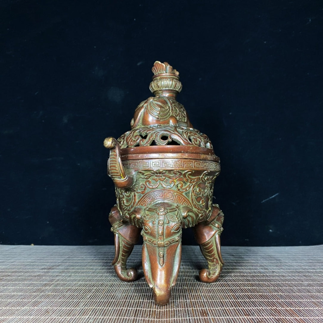 Handcrafted Pure Copper Tibetan Elephant Incense Burner - Unique Vintage Art Piece