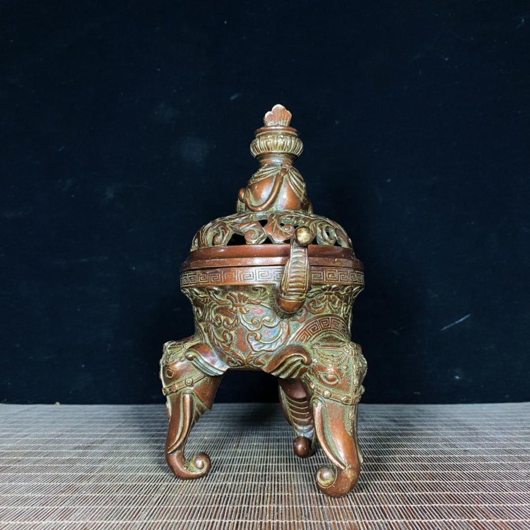 Handcrafted Pure Copper Tibetan Elephant Incense Burner - Unique Vintage Art Piece