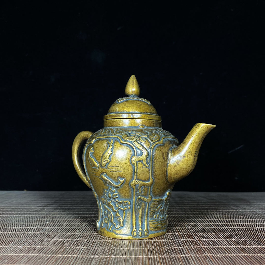 Handcrafted Pure Copper Teapot with Intricate Chicken, Koi Fish, and Lotus Engravings - A Unique Gift