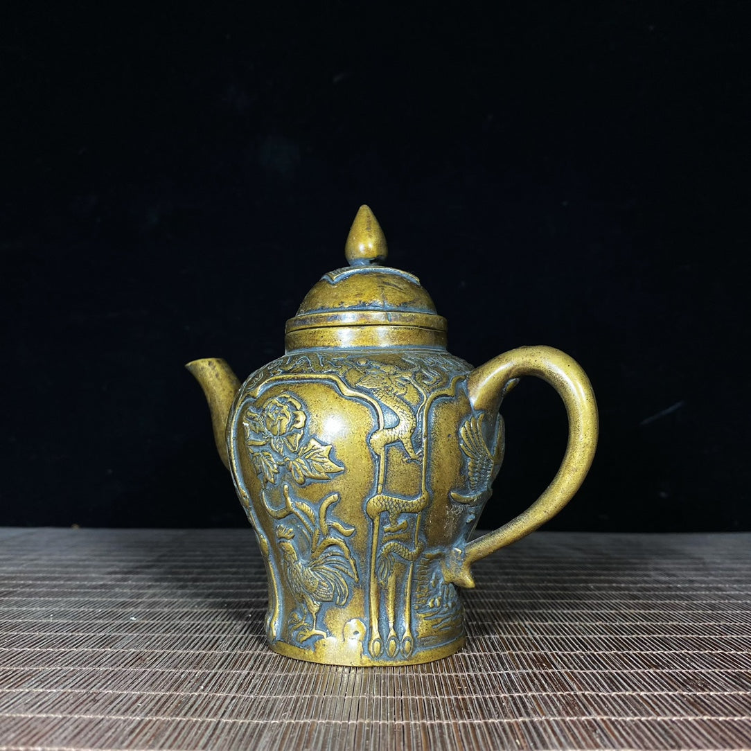 Handcrafted Pure Copper Teapot with Intricate Chicken, Koi Fish, and Lotus Engravings - A Unique Gift