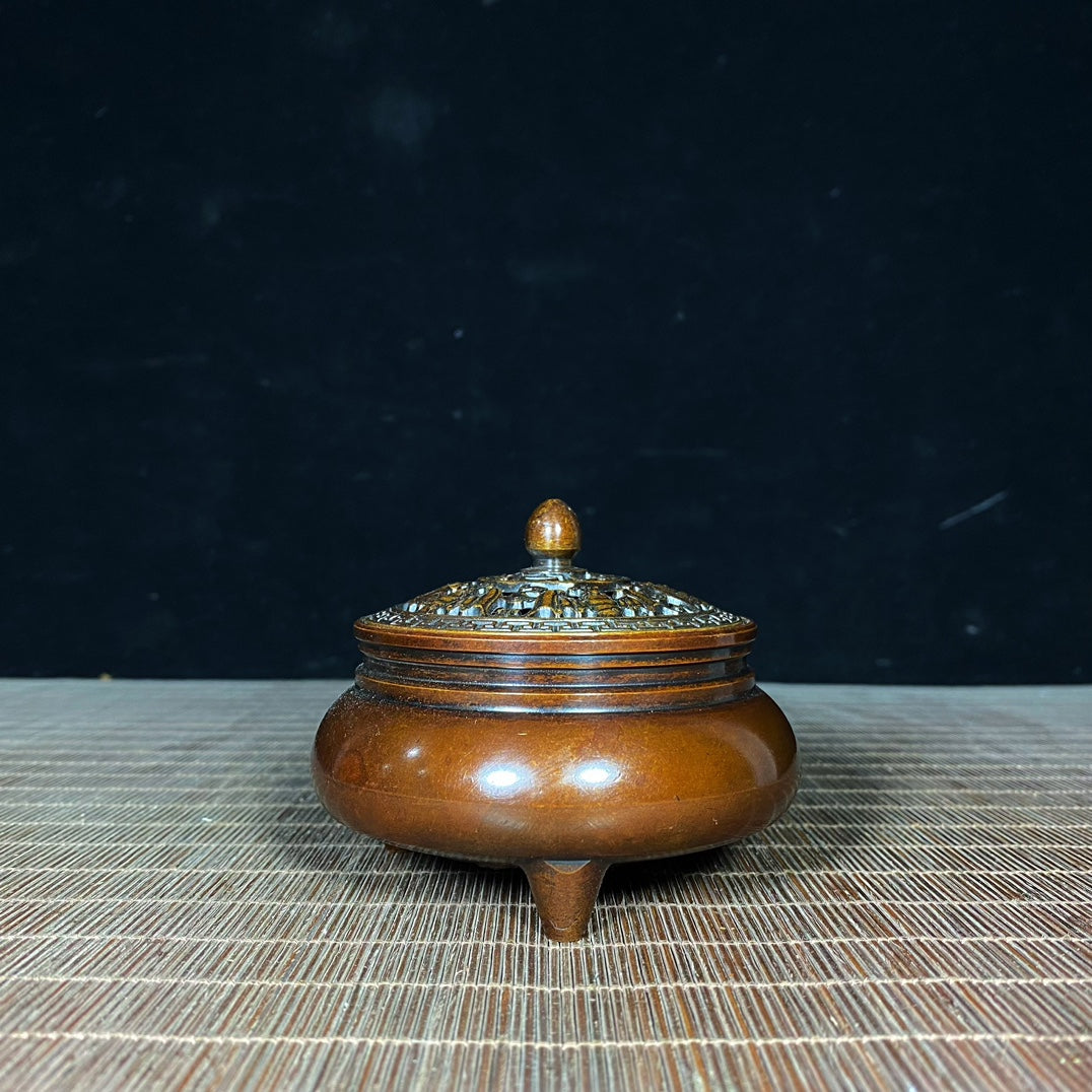 Elegant Handcrafted Pure Copper Incense Burner with Intricate Lid Design - Perfect Gift for Collectors