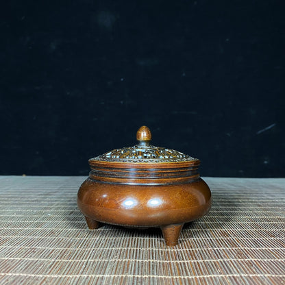 Elegant Handcrafted Pure Copper Incense Burner with Intricate Lid Design - Perfect Gift for Collectors