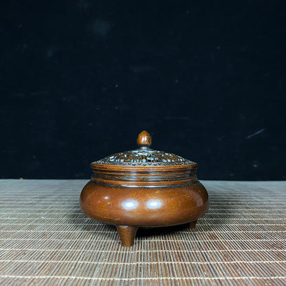 Elegant Handcrafted Pure Copper Incense Burner with Intricate Lid Design - Perfect Gift for Collectors