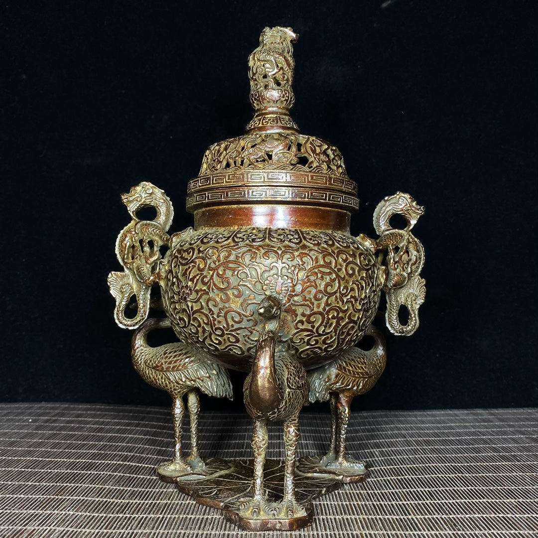 Exquisite Handcrafted Copper Incense Burner with Intricate Lotus and Crane Design - Collector's Choice