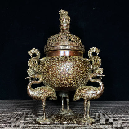 Exquisite Handcrafted Copper Incense Burner with Intricate Lotus and Crane Design - Collector's Choice