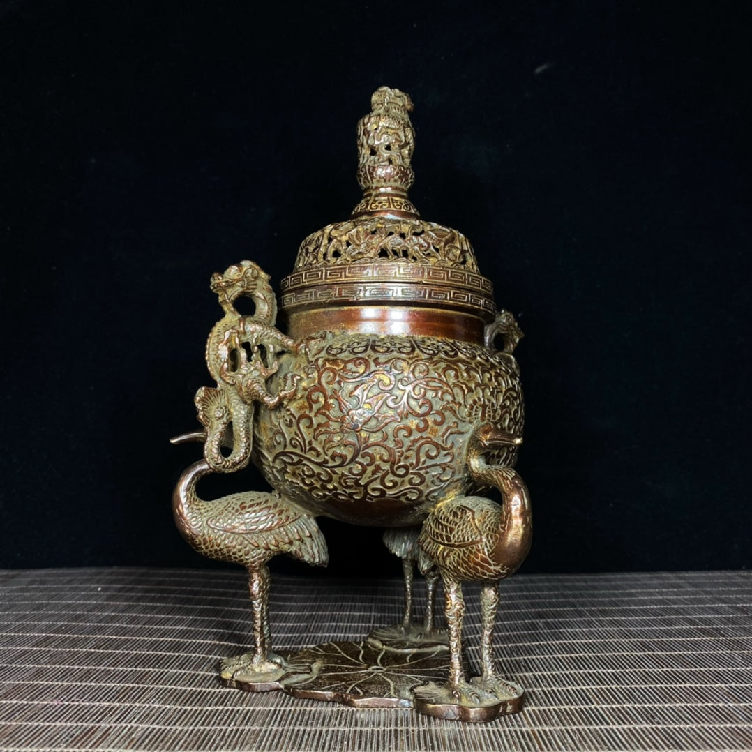 Exquisite Handcrafted Copper Incense Burner with Intricate Lotus and Crane Design - Collector's Choice