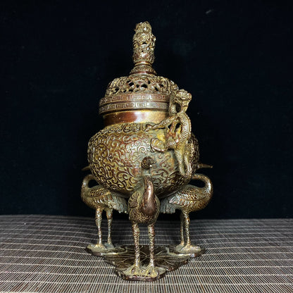 Exquisite Handcrafted Copper Incense Burner with Intricate Lotus and Crane Design - Collector's Choice