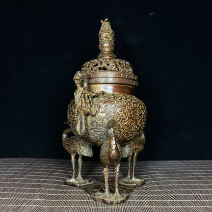 Exquisite Handcrafted Copper Incense Burner with Intricate Lotus and Crane Design - Collector's Choice