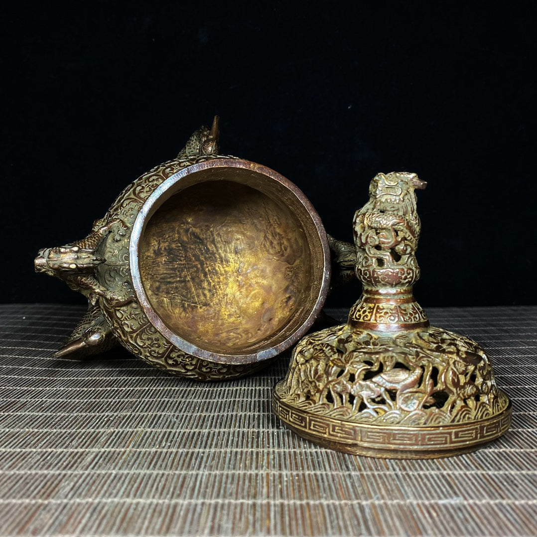 Exquisite Handcrafted Copper Incense Burner with Intricate Lotus and Crane Design - Collector's Choice