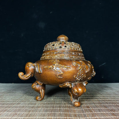 Exquisitely Carved Antique Elephant Ear and Foot Incense Burner - Rare Handcrafted Art Piece, Unique Vintage Gift