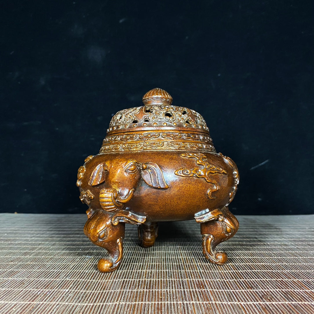 Exquisitely Carved Antique Elephant Ear and Foot Incense Burner - Rare Handcrafted Art Piece, Unique Vintage Gift