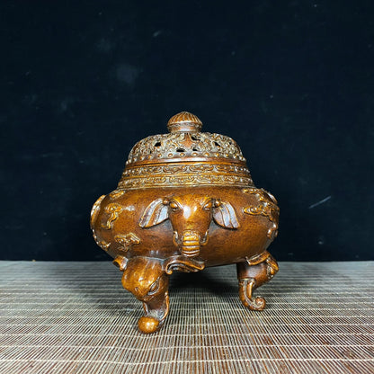 Exquisitely Carved Antique Elephant Ear and Foot Incense Burner - Rare Handcrafted Art Piece, Unique Vintage Gift