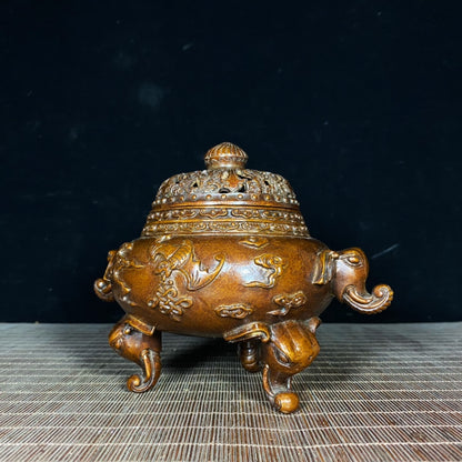 Exquisitely Carved Antique Elephant Ear and Foot Incense Burner - Rare Handcrafted Art Piece, Unique Vintage Gift