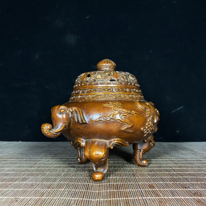 Exquisitely Carved Antique Elephant Ear and Foot Incense Burner - Rare Handcrafted Art Piece, Unique Vintage Gift