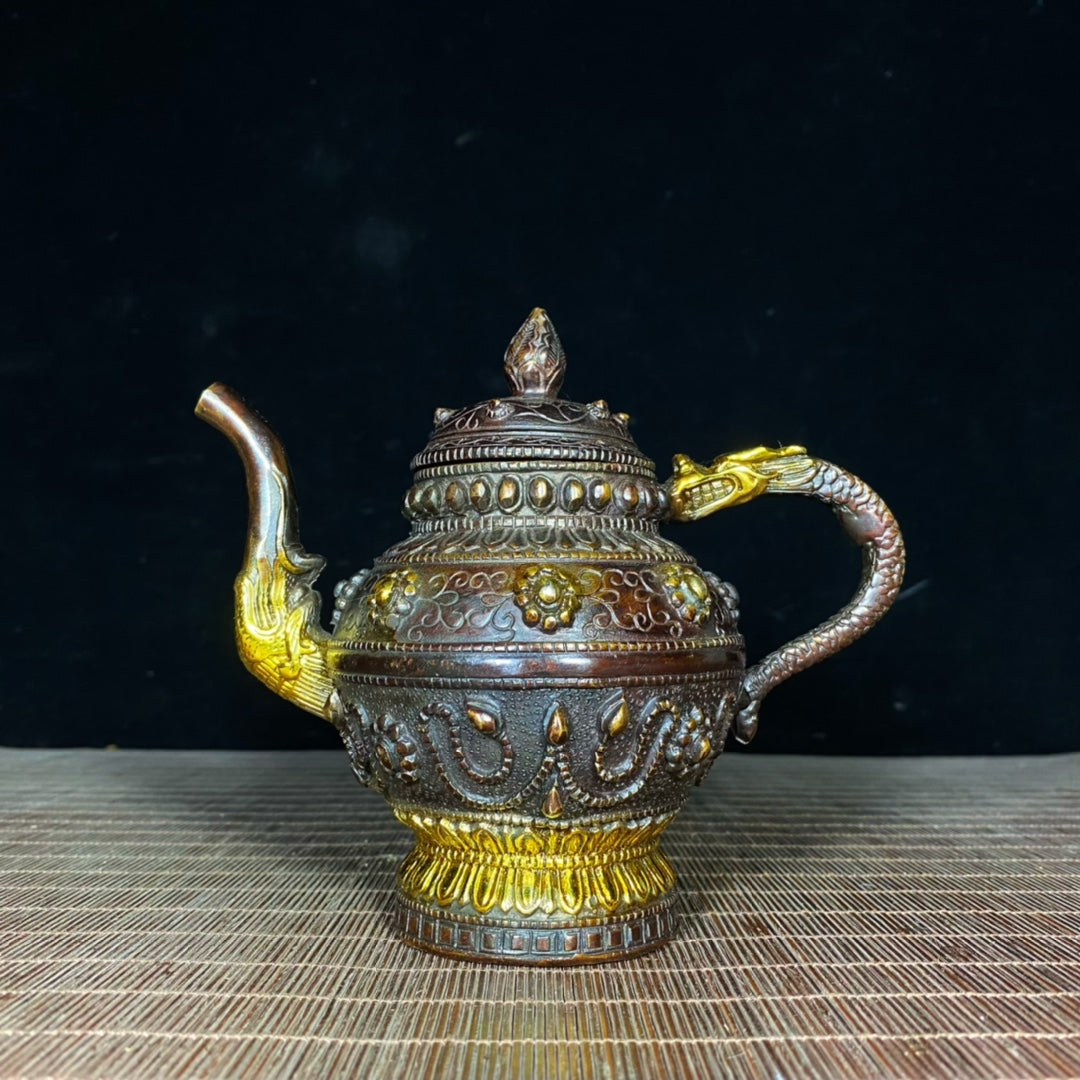 Handcrafted Tibetan Brass Gilded Teapot - Unique Vintage Art Piece, Perfect Gift