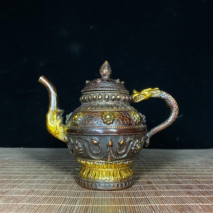 Handcrafted Tibetan Brass Gilded Teapot - Unique Vintage Art Piece, Perfect Gift