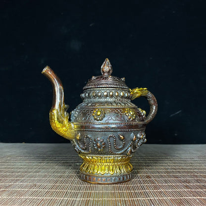 Handcrafted Tibetan Brass Gilded Teapot - Unique Vintage Art Piece, Perfect Gift