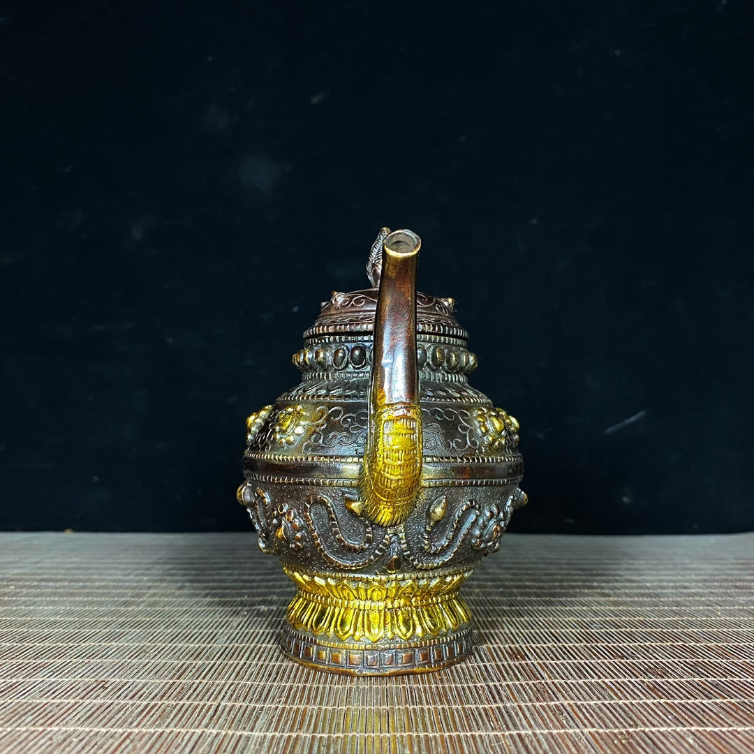 Handcrafted Tibetan Brass Gilded Teapot - Unique Vintage Art Piece, Perfect Gift