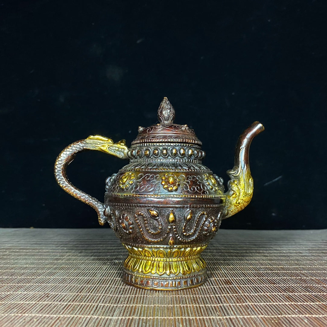 Handcrafted Tibetan Brass Gilded Teapot - Unique Vintage Art Piece, Perfect Gift