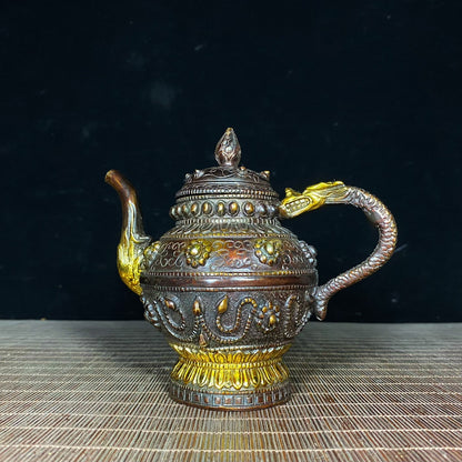 Handcrafted Tibetan Brass Gilded Teapot - Unique Vintage Art Piece, Perfect Gift