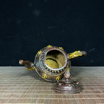 Handcrafted Tibetan Brass Gilded Teapot - Unique Vintage Art Piece, Perfect Gift