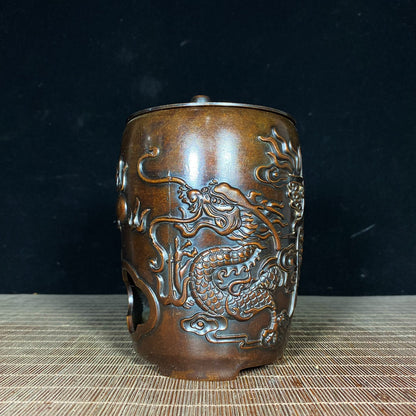 Handcrafted Pure Copper Dragon & Phoenix Relief Charcoal Stove - Rare Vintage Art Piece