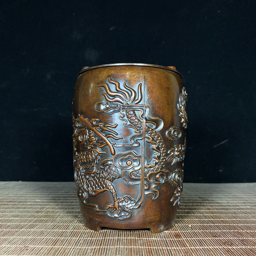 Handcrafted Pure Copper Dragon & Phoenix Relief Charcoal Stove - Rare Vintage Art Piece