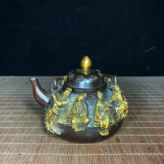 Handcrafted Pure Copper Gilded Teapot with Eight Immortals Relief - Exquisite Vintage Art Piece