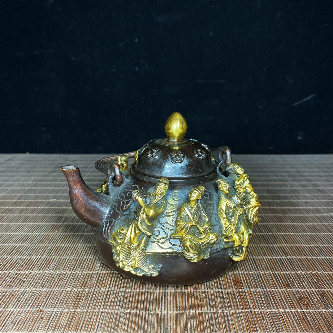 Handcrafted Pure Copper Gilded Teapot with Eight Immortals Relief - Exquisite Vintage Art Piece