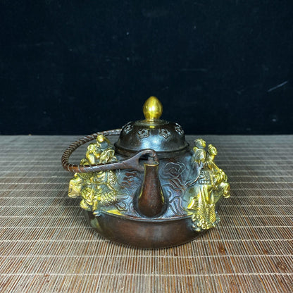 Handcrafted Pure Copper Gilded Teapot with Eight Immortals Relief - Exquisite Vintage Art Piece