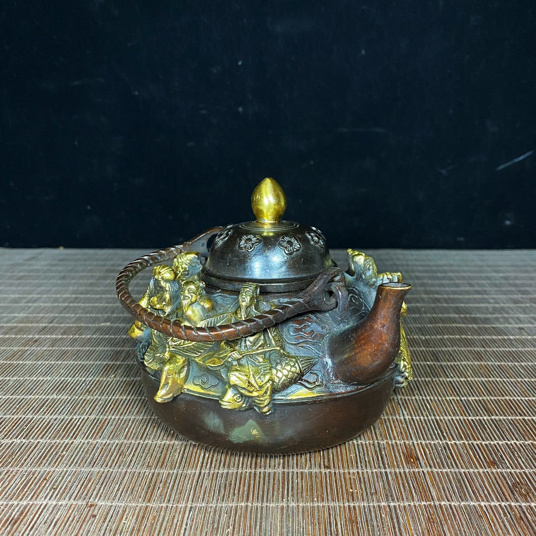 Handcrafted Pure Copper Gilded Teapot with Eight Immortals Relief - Exquisite Vintage Art Piece