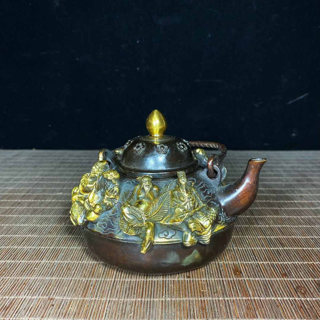 Handcrafted Pure Copper Gilded Teapot with Eight Immortals Relief - Exquisite Vintage Art Piece