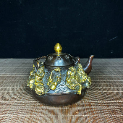 Handcrafted Pure Copper Gilded Teapot with Eight Immortals Relief - Exquisite Vintage Art Piece