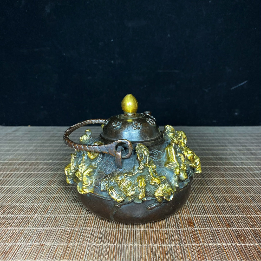 Handcrafted Pure Copper Gilded Teapot with Eight Immortals Relief - Exquisite Vintage Art Piece