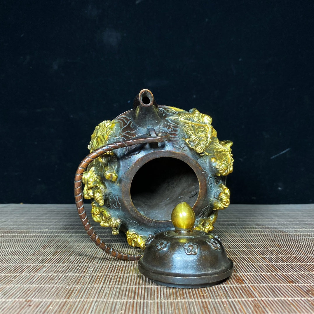 Handcrafted Pure Copper Gilded Teapot with Eight Immortals Relief - Exquisite Vintage Art Piece