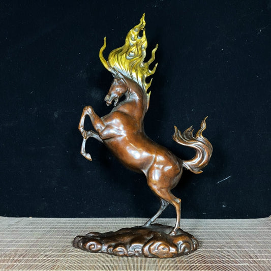 Majestic Handcrafted Fire War Horse Statue in Pure Copper Gilding