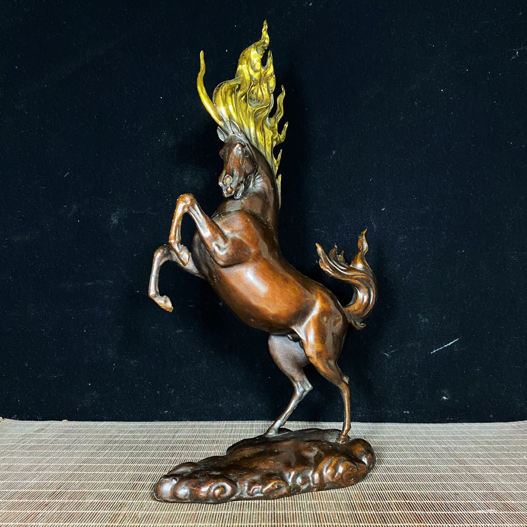 Majestic Handcrafted Fire War Horse Statue in Pure Copper Gilding