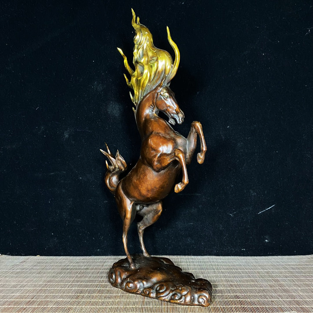 Majestic Handcrafted Fire War Horse Statue in Pure Copper Gilding