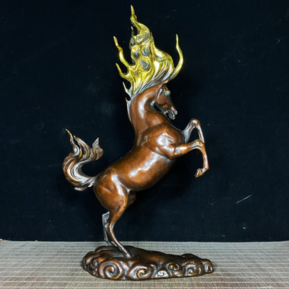 Majestic Handcrafted Fire War Horse Statue in Pure Copper Gilding