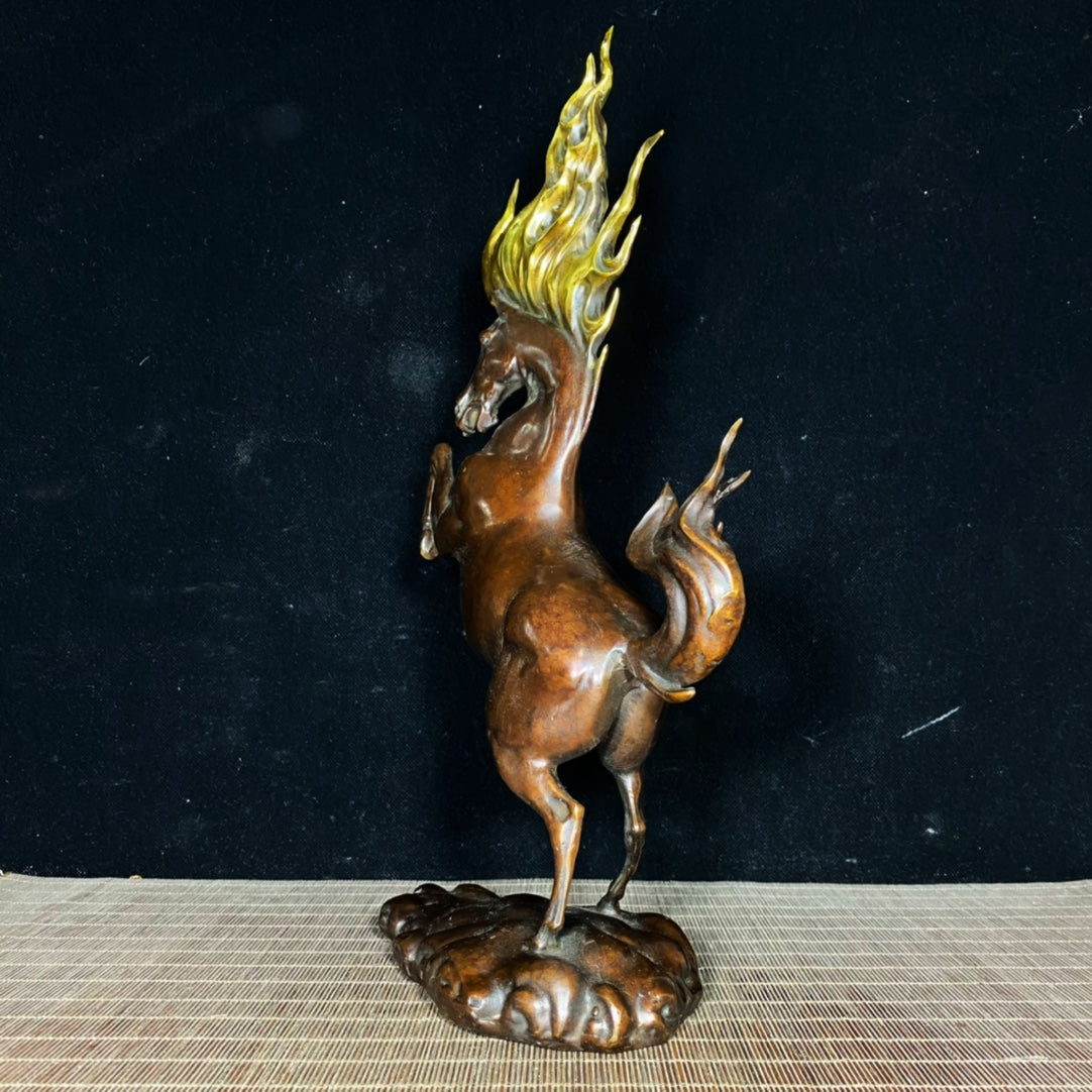 Majestic Handcrafted Fire War Horse Statue in Pure Copper Gilding