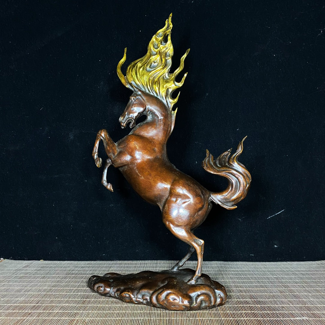 Majestic Handcrafted Fire War Horse Statue in Pure Copper Gilding