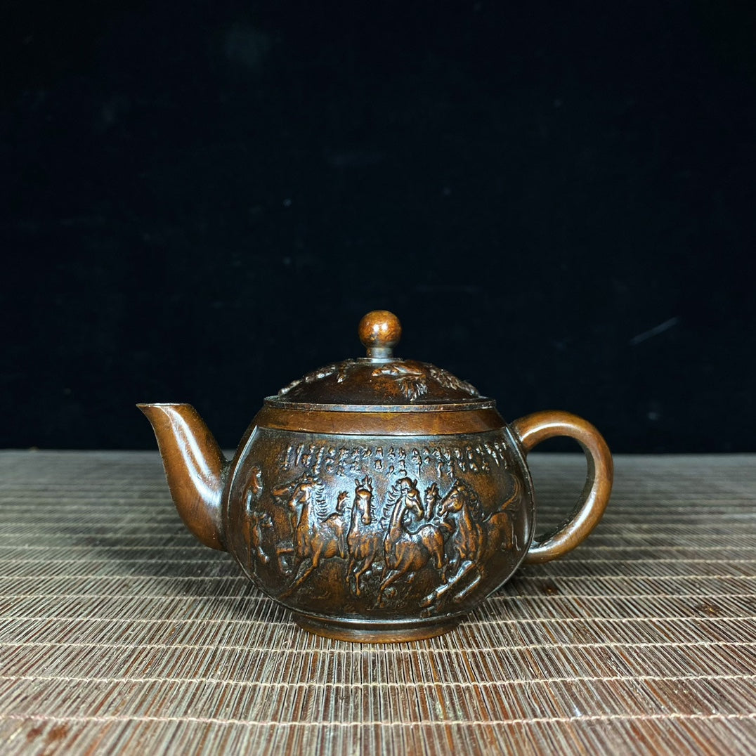 Handcrafted Pure Copper Teapot with Engraved Horse Design - Unique Vintage Art Piece