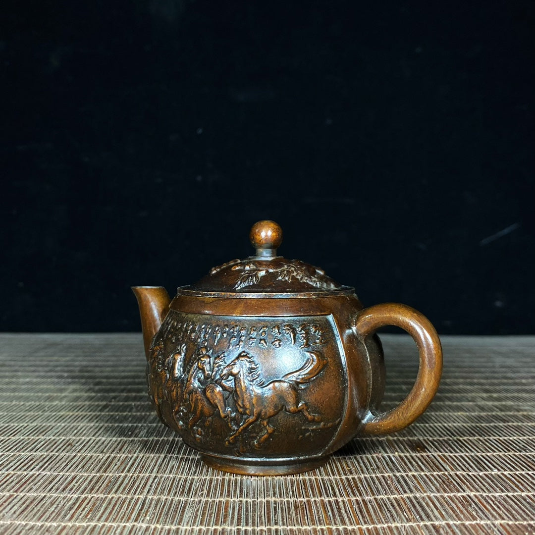 Handcrafted Pure Copper Teapot with Engraved Horse Design - Unique Vintage Art Piece