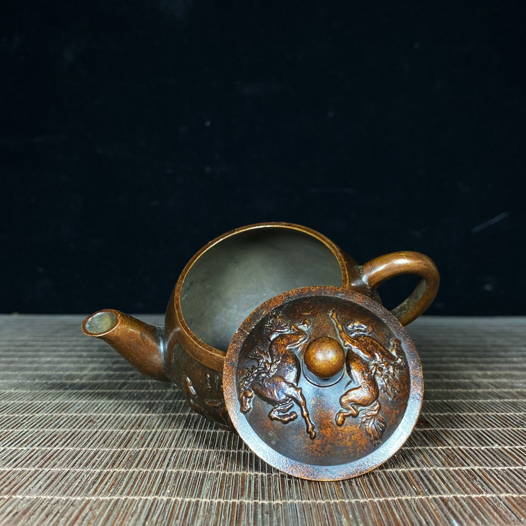 Handcrafted Pure Copper Teapot with Engraved Horse Design - Unique Vintage Art Piece